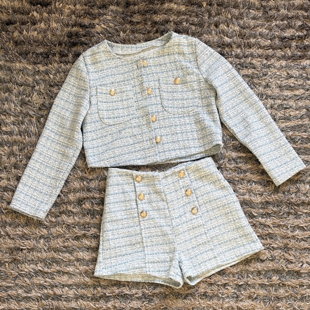 Cropped Tweed Jacket & High-Waist Shorts in Sky Blue, Size S - Picture 7 of 11